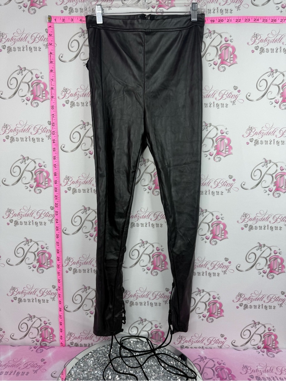 Fashion lace up back sexy Nova Black Faux Leather Leggings with Lace-Up Hem
